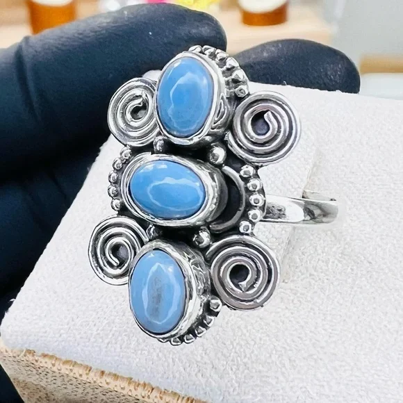 Three-Stone Handmade Golden Hills Turquoise Ring Sterling Silver Size 6.5 - Picture 4 of 5